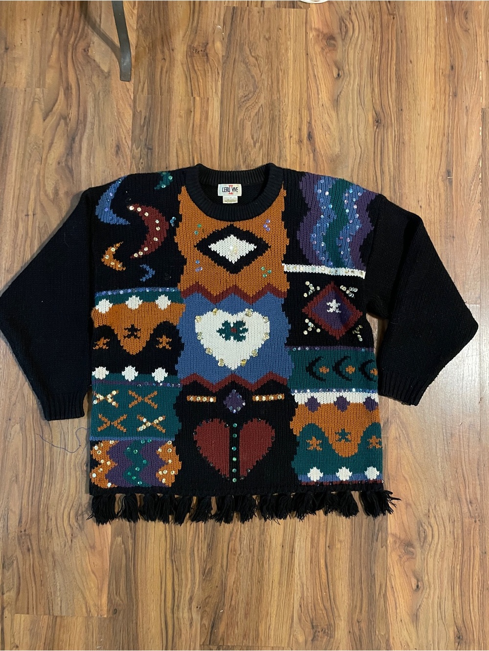 VTG 80s L'EAU VIVE Knit Sweater Heart Sequins Fringe Hem Hong Kong Size 2x